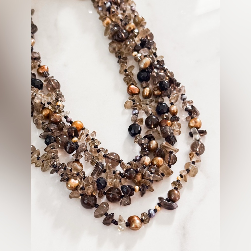 Multi-strand Quartz and Freshwater Pearl Necklace with Sterling Silver Toggle - Picture 3 of 14